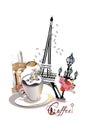 Design with the Eiffel tower, a cup of coffee and a cafÃÂ© entrance.